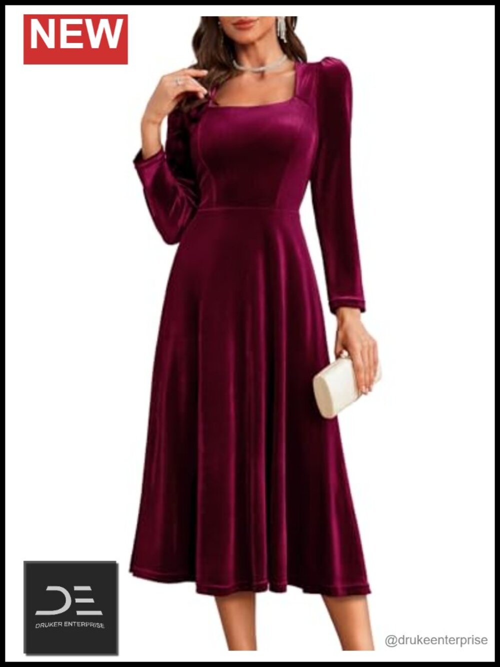 Velvet Midi Dress Long Sleeve Square Neck Formal Cocktail Party